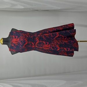 Pamella Roland Red Blue Midi A-line Cocktail Pleated Skirt Boat Neckline Size 6